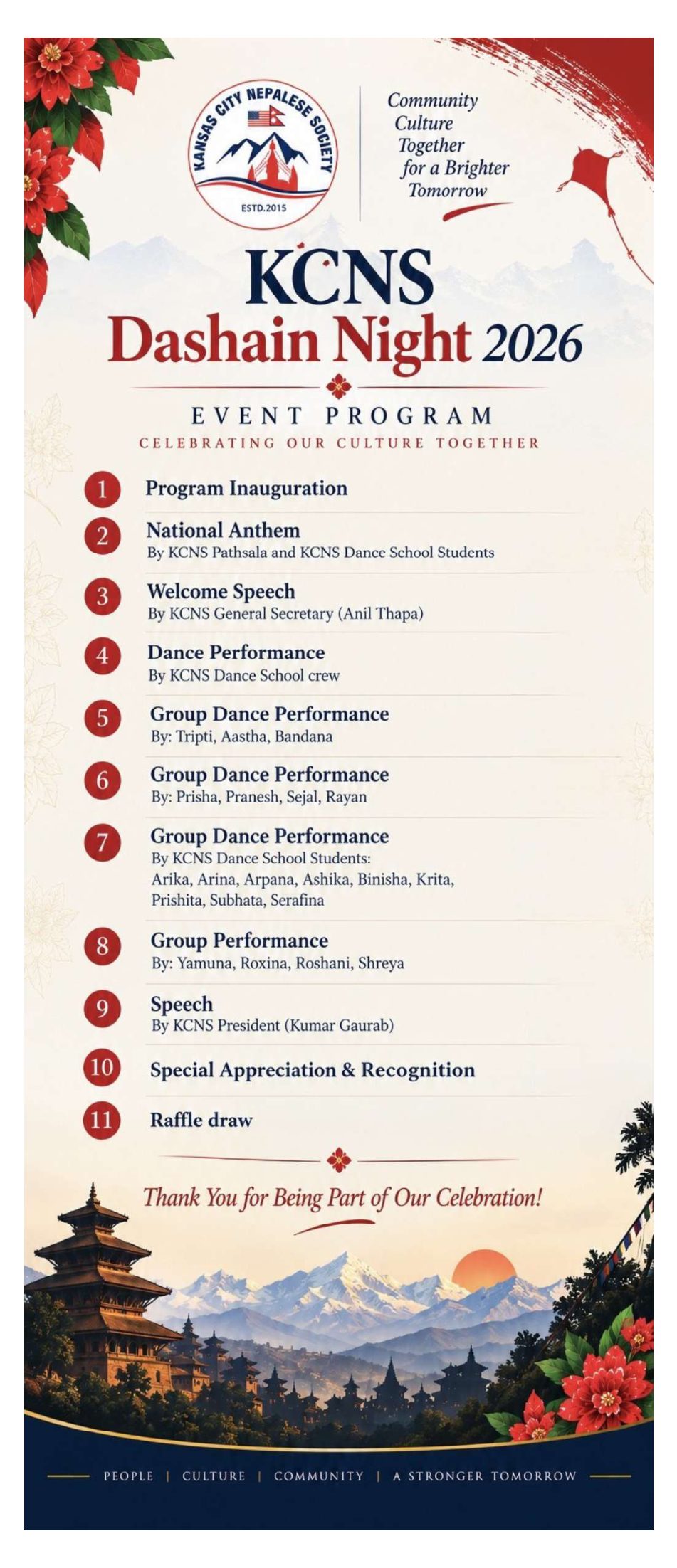 Dashain Night 2026 program, items 1 through 11: inauguration, national anthem, speeches, dance performances, recognition, and raffle.