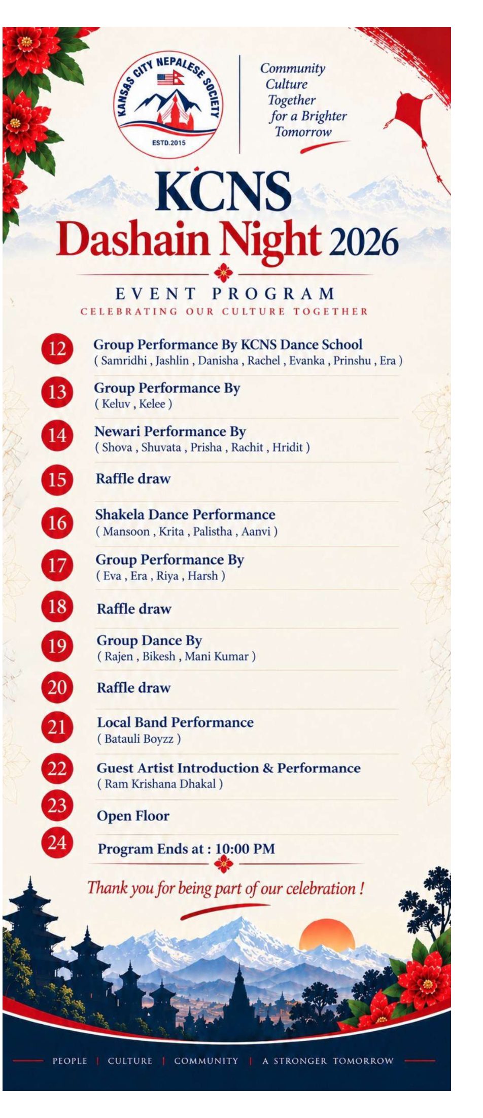 Dashain Night 2026 program, items 12 through 24, including dance performances, raffles, local band, guest artist Ram Krishna Dhakal, open floor, and program end at 10:00 PM.