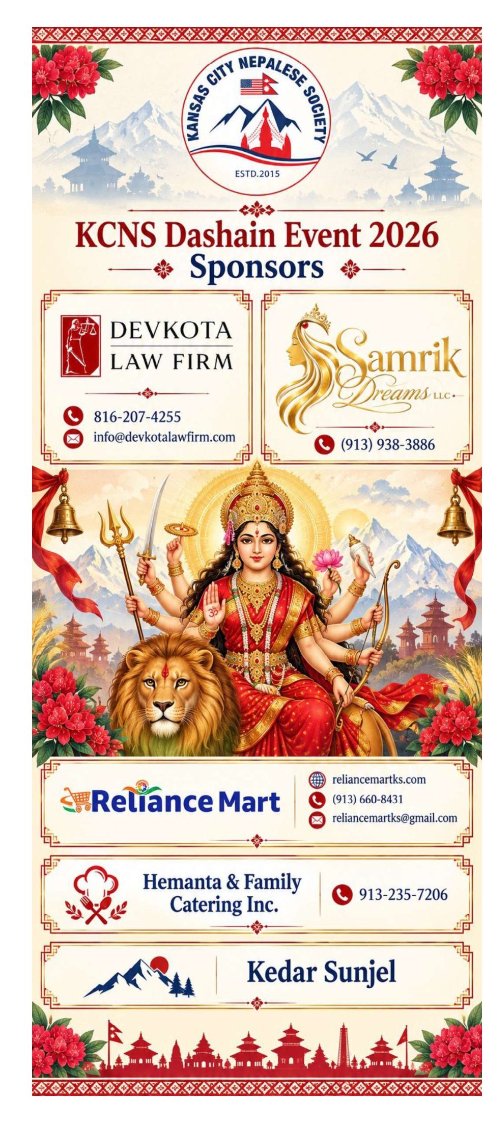 Dashain 2026 sponsors: Devkota Law Firm, Samrik Dreams LLC, Reliance Mart, Hemanta and Family Catering Inc., and Kedar Sunjel.