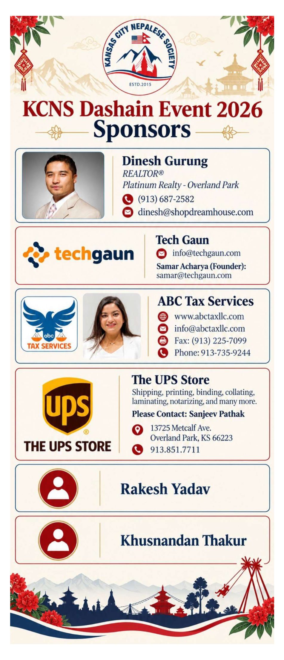 Dashain 2026 sponsors: Dinesh Gurung, Tech Gaun, ABC Tax Services, The UPS Store, Rakesh Yadav, and Khusnandan Thakur.